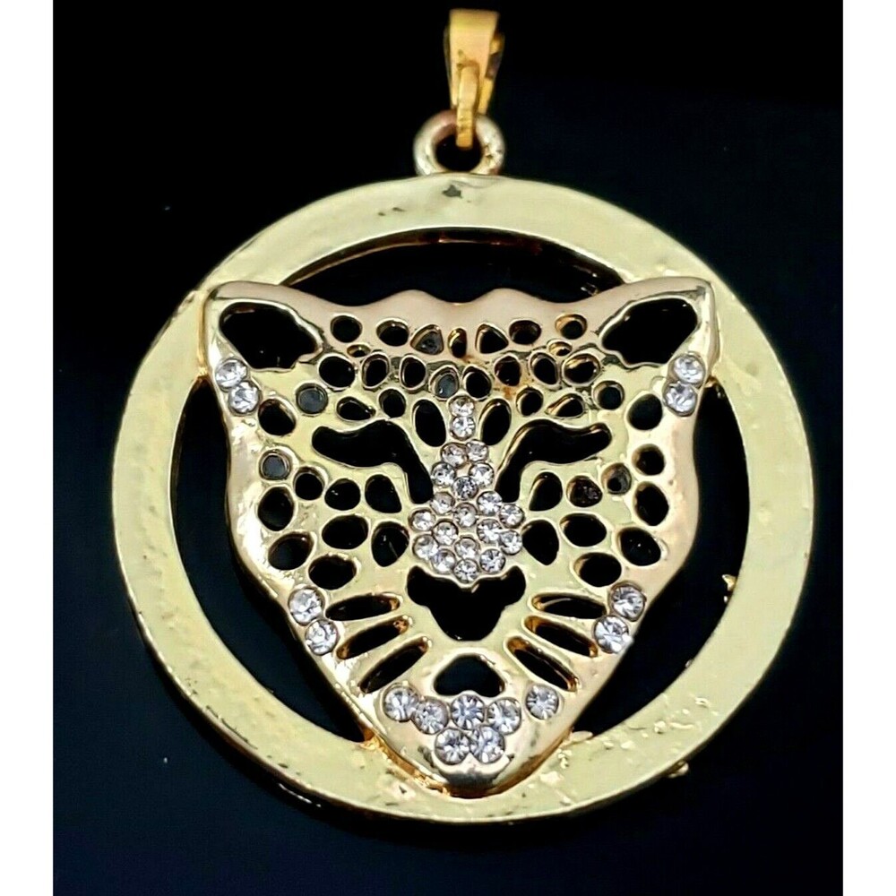 Vintage Big Cat Leopard Tiger Head Pendant Gold Tone Clear Rhinestones Round